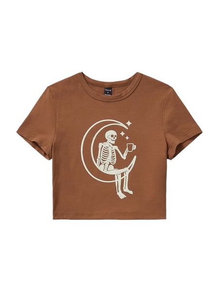 

x happy doodle co skeleton & moon print tee g2dj#, White