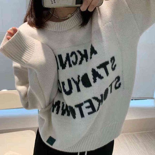 Novo 2022 Carta Jacquard Ladies Sweater Simples casual de-gola casual Mulheres de manga comprida Tops de malha tops Autumn Sweater Vintage T220730