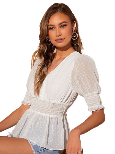 

shirred swiss dot waist blouse i6lb#, White