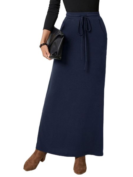 

emery rose drawstring waist slant pocket skirt z905#, Black