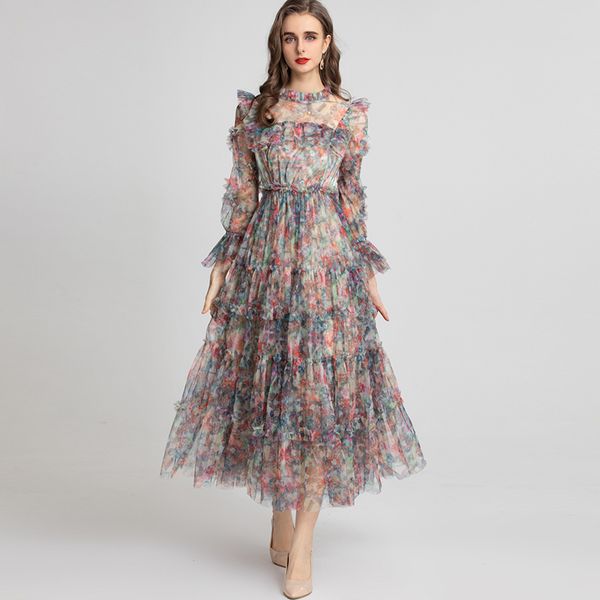 

women's runway dresses o neck printed long sleeves ruffles elegant fashion party vestidos, Black