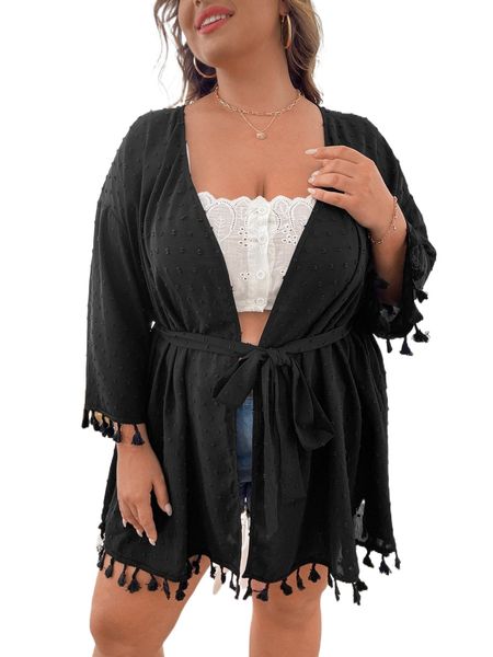 

plus swiss dot tassel trim drop shoulder belted kimono k0oj#, Black;gray