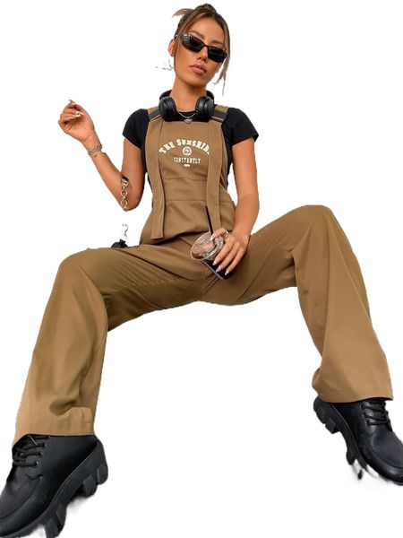 

letter graphic flap pocket overall jumpsuit without tee u9gq#, Black;white