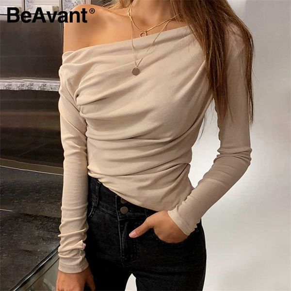 

beavant casual oblique collar women knitted t-shirts long sleeve rubbish female short solid color slim flexible ladies 210709, White