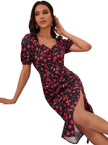 

cherry print puff sleeve ruched split thigh dress 13lu#, Black;gray