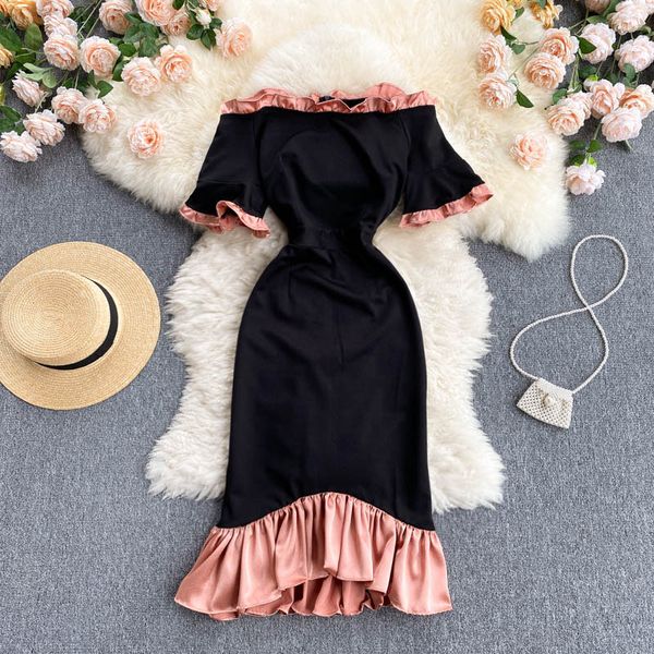 

slash neck knee-length casual dresses elegant office lady contrast color flare sleeve femme robe patchwork ruffles vestidos 2022, Black;gray