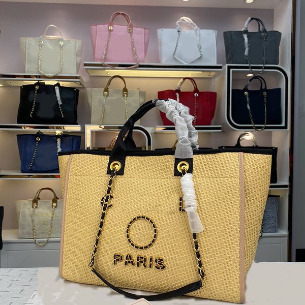 

straw string handbags plain beach bags classic shoulder bags hardware removable chain shoulders strap large capacity hollow out purses handb
