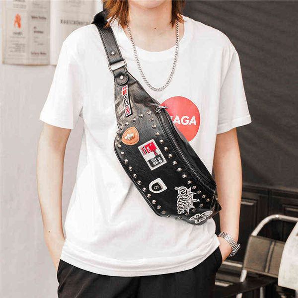 

fashion waist packing man belt pouch fanny pack male men shoulder bag phone s leather wallet rivets designer hip chest 220610