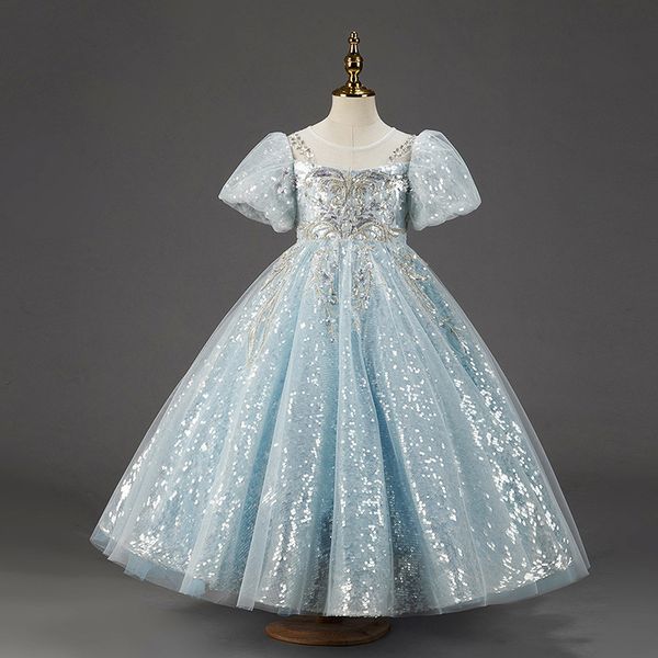 

2023 cute light sky blue girls pageant dresses princess tulle lace sequined pearls kids flower girl dress ball gown birthday gowns floor len, White;blue