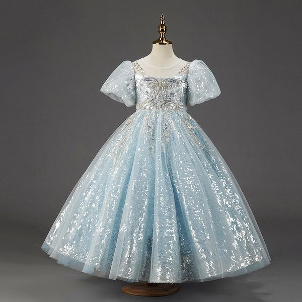 2023 Cute Light Sky Blue Girls Abiti da spettacolo Principessa Tulle Pizzo con paillettes Perle Bambini Abito da ragazza di fiori Abito da ballo Abiti di compleanno Lunghezza del pavimento Fiori fatti a mano