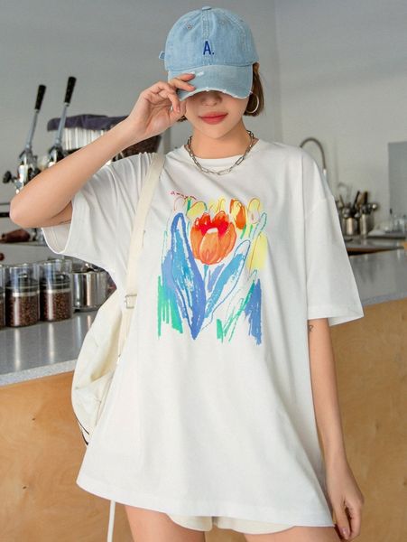 

dazy letter & floral print drop shoulder tee t1ib#, White
