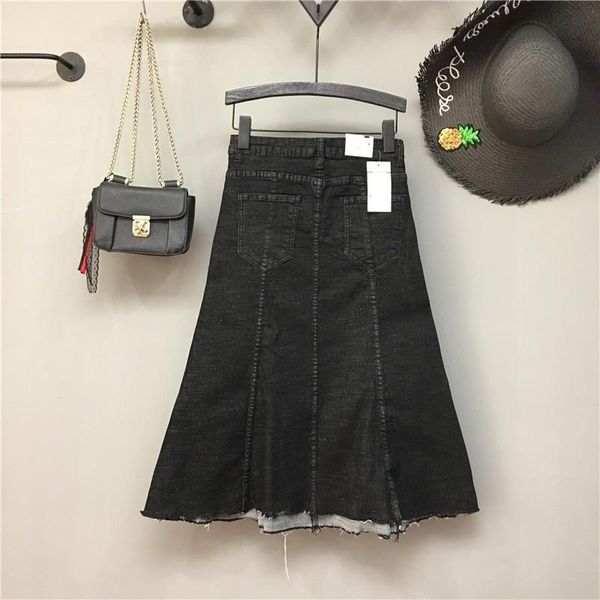 Etekler Satış Avrupa Bayan Yüksek Bel Diz Boyu Denim Streetwear Patchwork Siyah Slim Fit Kadın Wrap Turmağan