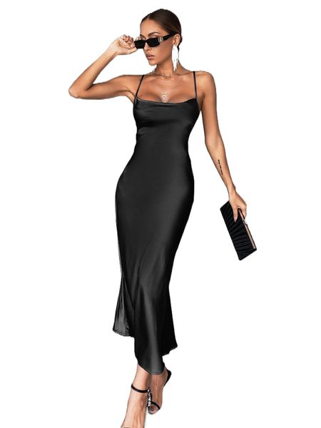 

satin tie backless cami dress k483#, Black;gray