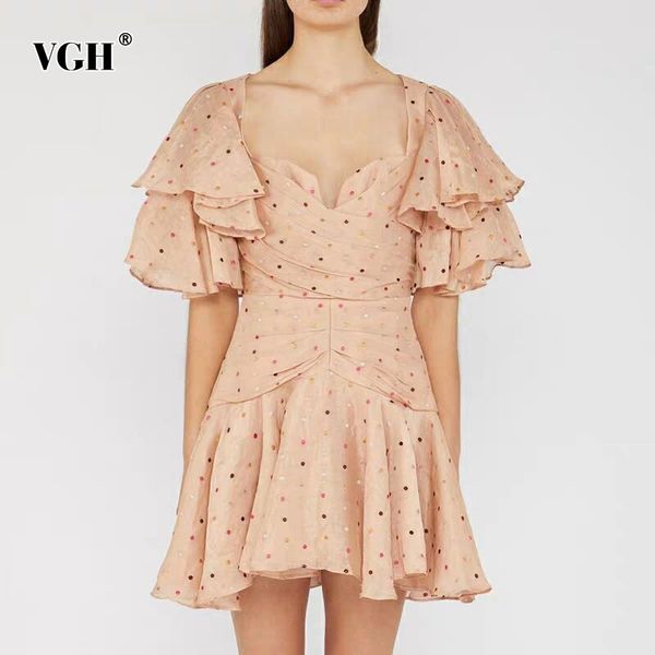 

polka dot patchwork ruffle dress for women square collar short sleeve high waist mini dresses female fashion clothing 210507, Black;gray