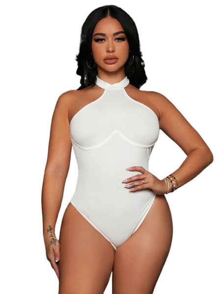 

sxy bustier tie backless halter unitard romper x6tk#, White