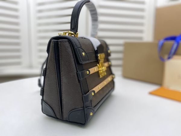 

2022 bag aged leather shoulder strap achieves canvas molding with hook buckle leather wood trim extending the hard box bags
