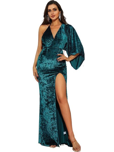 

love&lemonade asymmetrical neck split thigh velvet formal dress q65c#, Black;gray