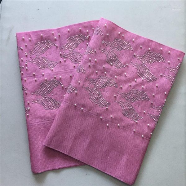 Fabric Baby Pink Aso Oke com Stones mais recente design Nigeria African Women Headtie for Party Wedding High Quality1