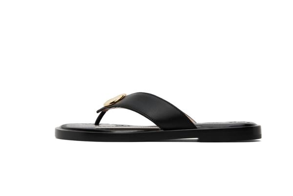 

2022 latest designer thong-strap sandals men womens lux fashion leather thong slides with gold-tone hardware, Black