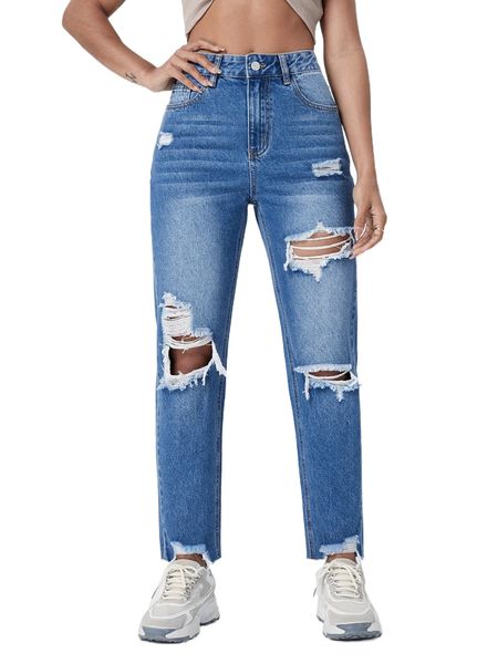 

high waist light washed ripped jeans d7ov#, Blue