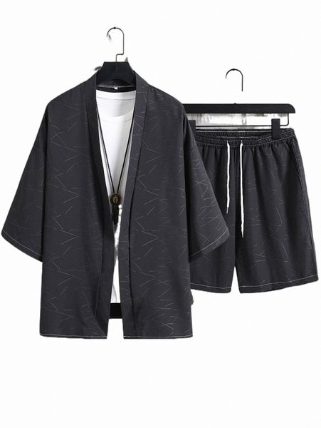 

men random print kimono & shorts without tee 96gj#, Gray