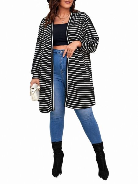

plus striped drop shoulder open front coat q2ny#, Black
