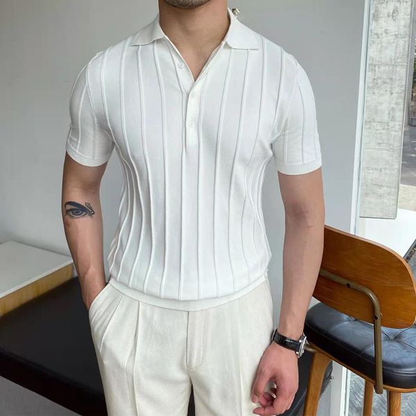 Camicie casual da uomo 2022 Primavera Estate Camicia in maglia da uomo Colletto rovesciato Abbottonatura Moda a righe Solid Slim Top T-shir in tessuto di seta ghiaccio