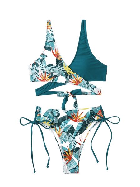 

tropical print wrap bikini swimsuit p33e#, White;black