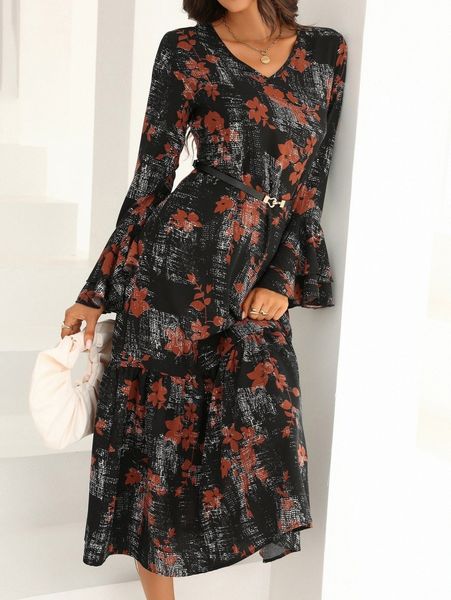 

floral print flounce sleeve ruffle hem belted dress 63ip#, Black;gray