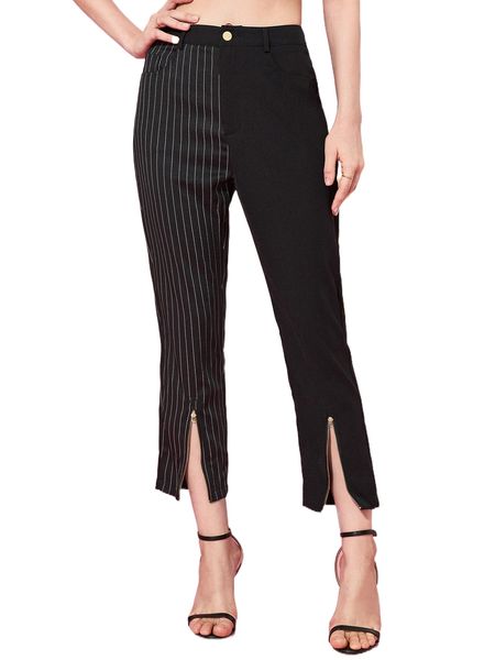 

x farahourani vertical striped zip hem straight leg pants a7ac#, Black;white
