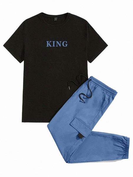 

men letter graphic tee & drawstring waist pants i59o#, Gray