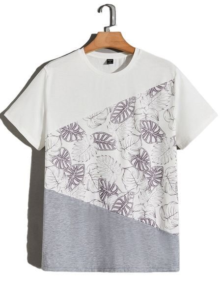 

men colorblock tropical print t-shirt l7fs#, White;black
