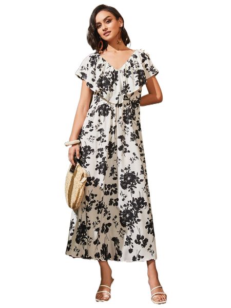 

allover f.loral p.rint r.uffle trim d.ress t89r#, Black;gray