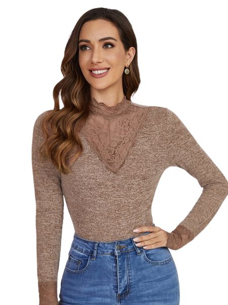 

marled knit contrast lace tee c191#, White