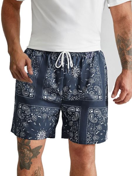 

extended sizes men paisley scarf print drawstring shorts 06ex#, White;black