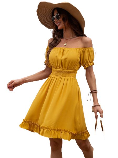 

off the shoulder ruffle hem shirred waist dress c6yd#, Black;gray