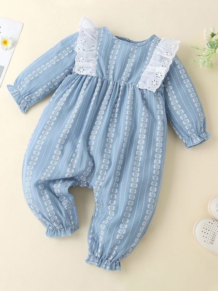 

baby girl striped and floral mesh embroidered jumpsuit she, Blue