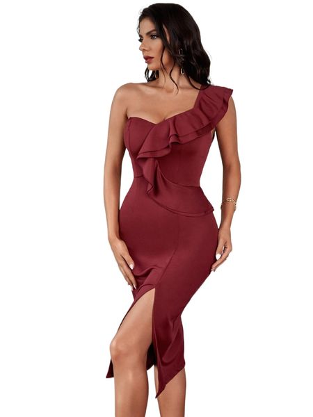 

one shoulder ruffle trim split thigh dress o1lo#, Black;gray