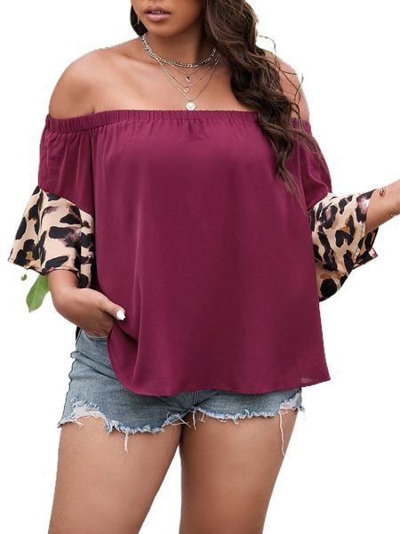 

plus graphic print off shoulder flounce sleeve blouse 312c#, Black