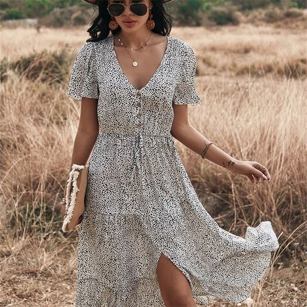 

dot print ruffles summer dress women casual v neck draw string button for woman vintage white es vestidos 220614, Black;gray