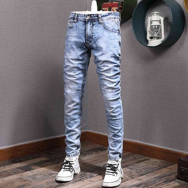 

men's jeans high street fashion wear out cat whiskers light color water wash slim fit small feet versatile casual men's jeans bran, Blue