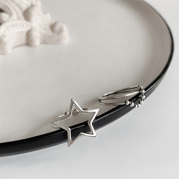 

s925 sterling female with holes star korean-style vintage thai silver open ring stylish cool minimalist chic style, Slivery;golden