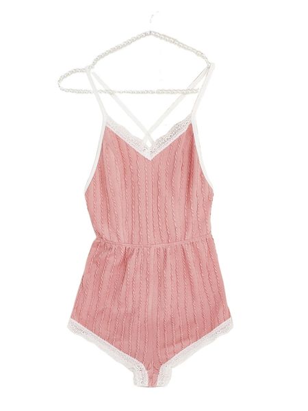 

contrast lace crisscross backless textured sleep romper i2wq#, Black;red