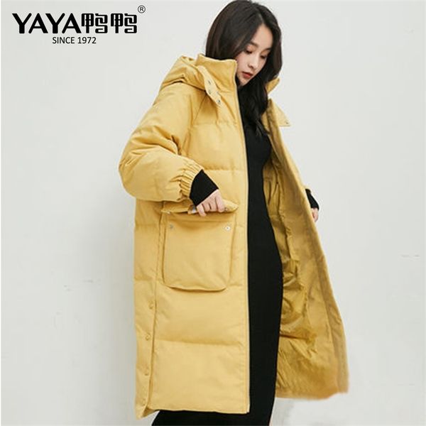 

yaya new style long overtheknee down jacket women thick casual loose down coat hooded warm outerwear with large pockets 201019, Black