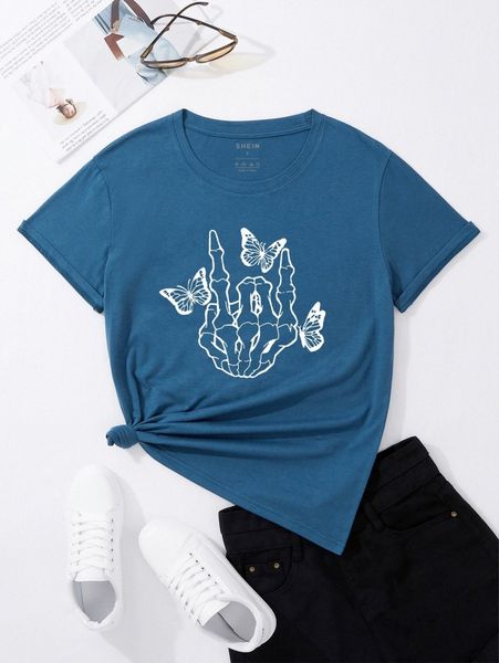 

skeleton hand & butterfly print tee g0en#, White