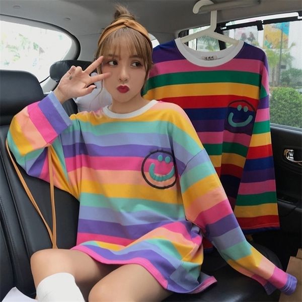 

korean style autumn big size t-shirt for female ulzzang cute rainbow stripes t shirts fashion loose women o-neck tee shirt 220510, White