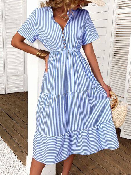 

vertical striped notch neck fake buttons ruffle hem a-line dress 08yn#, Black;gray