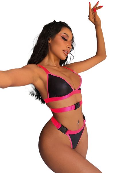 

contrast binding release buckle lingerie set p1vl#, Black;red