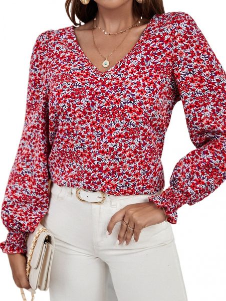 

ditsy floral print shirred cuff blouse 16bq#, White