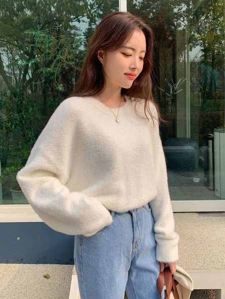 

dazy drop shoulder fluffy knit sweater r888#, White;black
